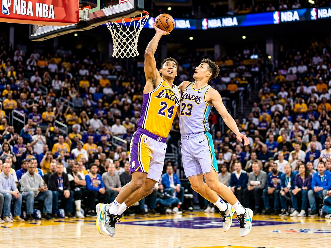 NBA季后赛激烈对抗场景，球员突破上篮瞬间